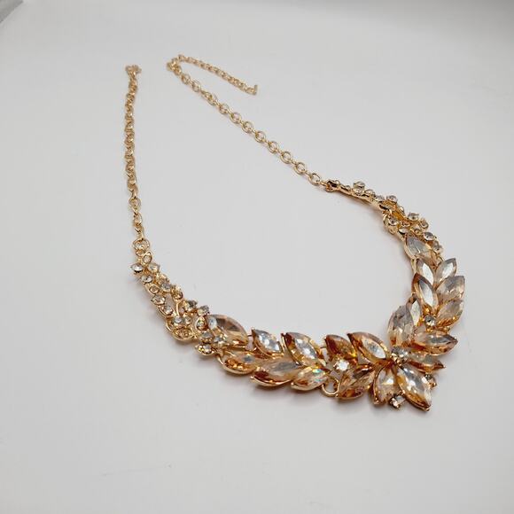 Gold Tone Crystal Rhinestone Statement Necklace, 19", Faceted Marquise Stones - Picture 7 of 10